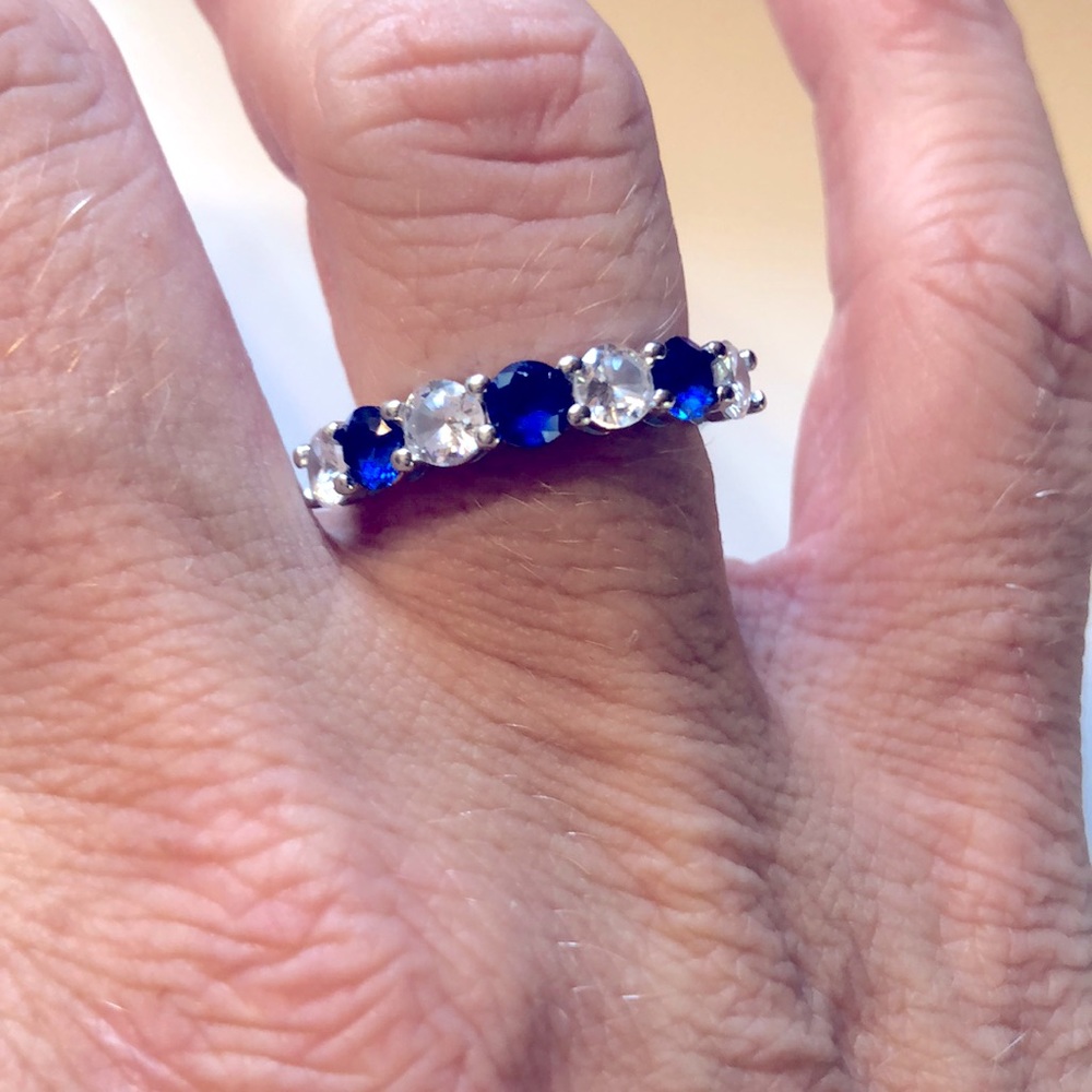 Blue and white lab created sapphire and silver (925 stamped) size 7 ring